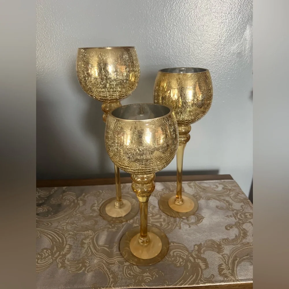 Set of 3 Crackle Gold Glass Tealight Holders